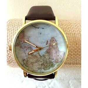 Accutime Vintage World Map Dial Gold Tone Watch with Brown Strap   Elegant